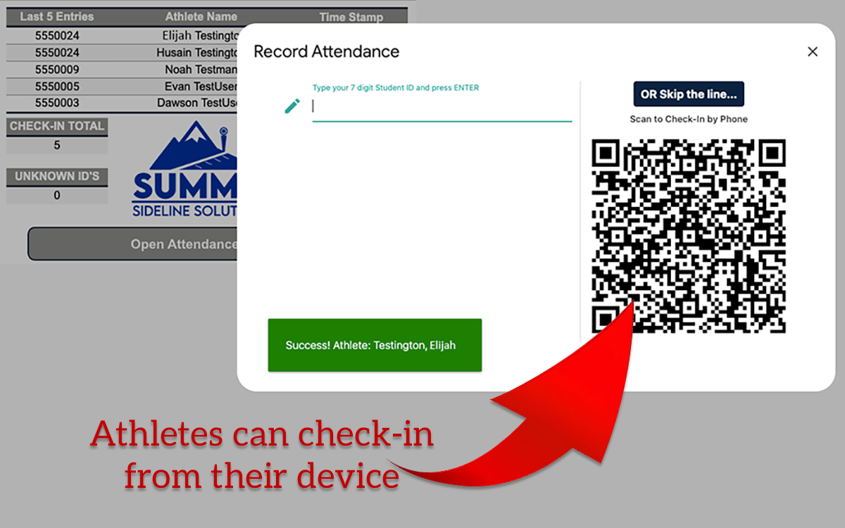 Athlete attendance check-in screen